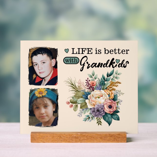 2 grandkids photo floral green acrylic sign (Neutral)