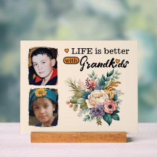 2 grandkids photo floral orange acrylic sign