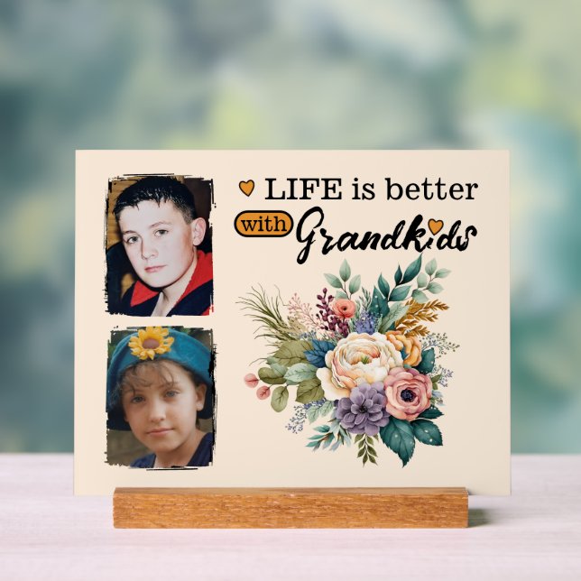 2 grandkids photo floral orange acrylic sign (Neutral)