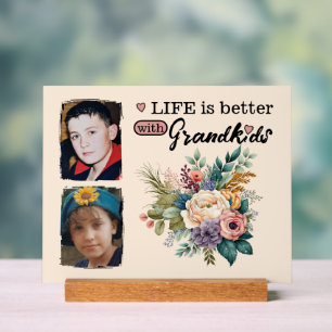 2 grandkids photo floral pink acrylic sign