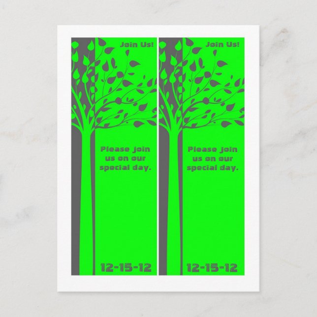 2 Grey/Neon Green Tree Bookmarks Save the Date Announcement Postcard (Front)