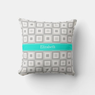2 Grey Wht Concentric Square Aqua Name Monogram Cushion