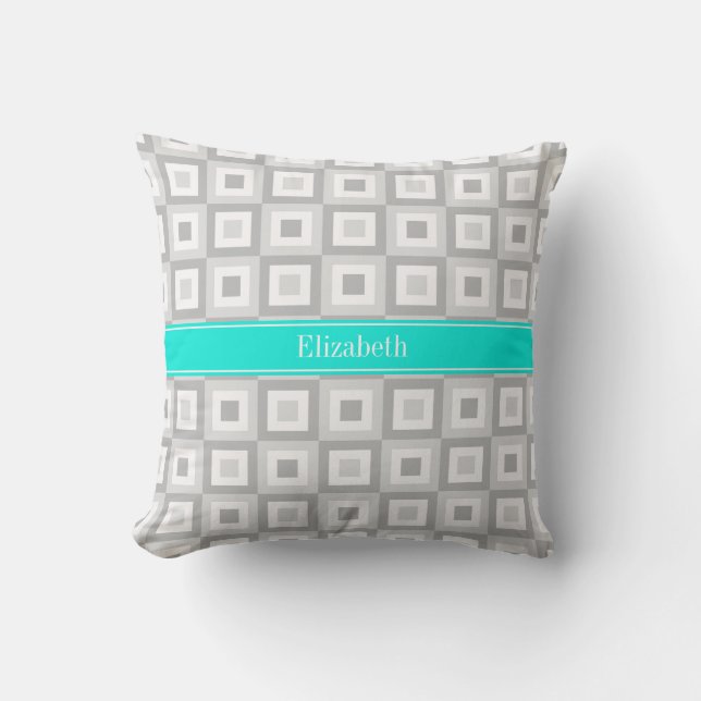 2 Grey Wht Concentric Square Aqua Name Monogram Cushion (Front)