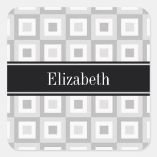 2 Grey Wht Concentric Square Black Name Monogram Sticker