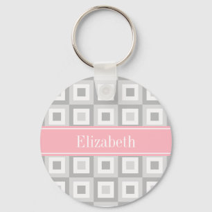 2 Grey Wht Concentric Square Pink Name Monogram Key Ring