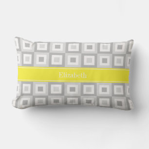 2 Grey Wht Concentric Square Yellow Name Monogram Lumbar Cushion