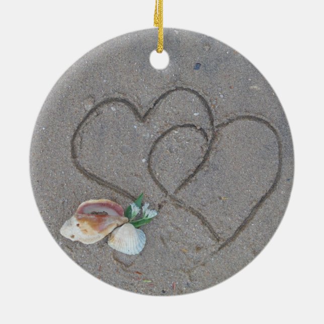 2 Hearts  in the sand with shells Ceramic Tree Decoration (Back)