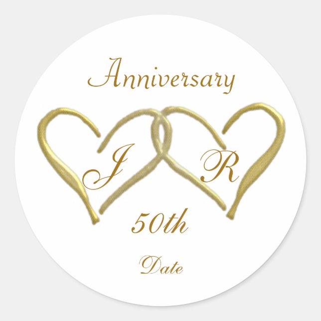2 hearts Monogram Golden Wedding Anniversary Classic Round Sticker (Front)