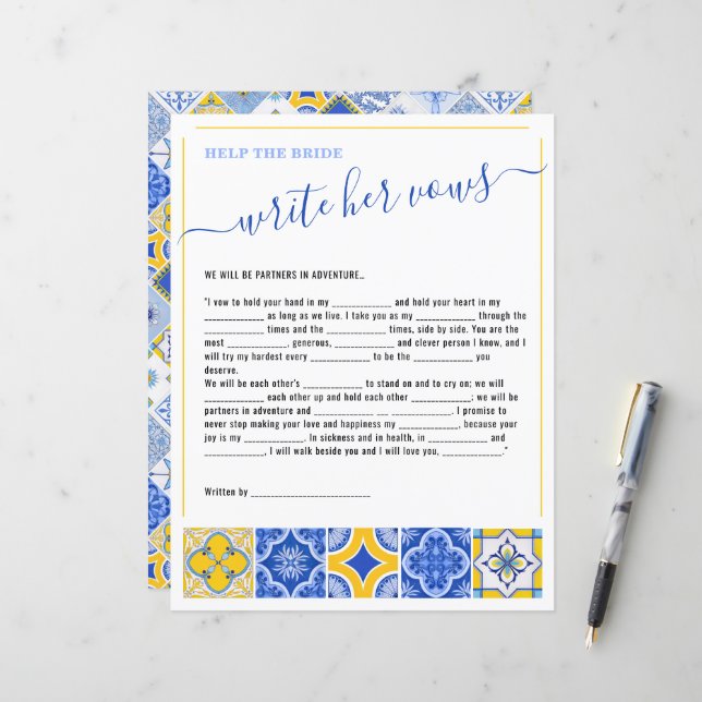 2 Help the Bride Write Her Vows Bridal Shower Game (Front/Back In Situ)