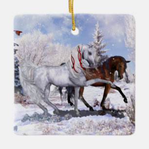2 Horse Scenes Holiday Ceramic Ornament