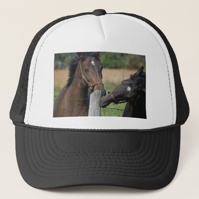 2 Horses Chewing a Fence Post Trucker Hat (Front)