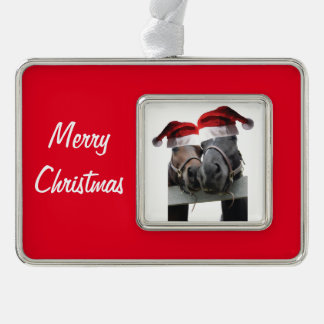 2 Horses kissing for Christmas wearing Santa Hats Silver Plated Framed Ornament