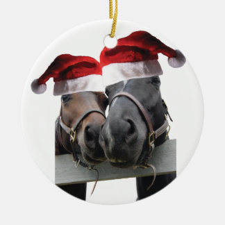 2 Horses Kissing wearing Santa Claus Hats for xmas Ceramic Tree Decoration