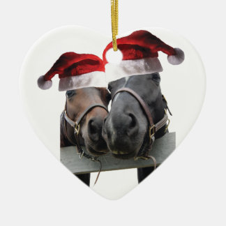 2 horses kissing wearing Santa Claus hats for Xmas Ceramic Tree Decoration