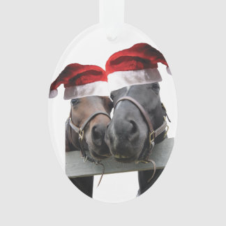 2 Horses Kissing wearing Santa Claus Hats for XMAS Ornament