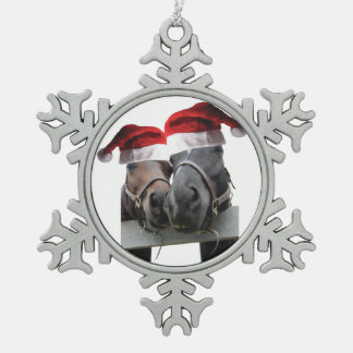 2 horses kissing wearing Santa Claus hats for xmas Snowflake Pewter Christmas Ornament