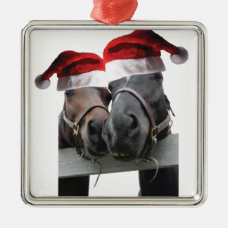 2 horses kissing wearing santa hats for xmas metal tree decoration
