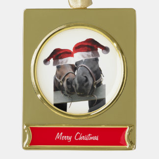 2 horses wearing Santa Claus Hats for Christmas Gold Plated Banner Ornament