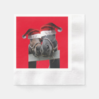 2 Horses wearing Santa Claus Hats for Christmas Napkin
