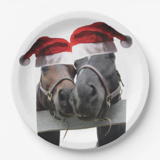 2 Horses wearing Santa Claus Hats for Christmas Paper Plate