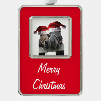 2 Horses wearing Santa Claus Hats for Christmas Silver Plated Framed Ornament