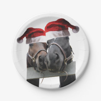 2 horses wearing Santa Claus Hats Paper Plate