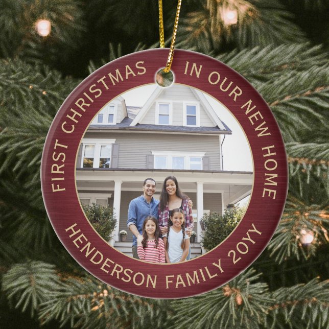 2 House Photos 1st Xmas New Home Brushed Burgundy Ceramic Tree Decoration (Creator Uploaded)