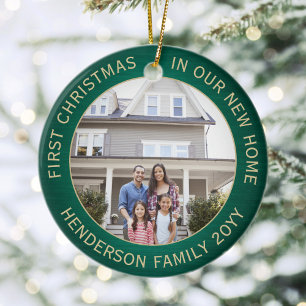 2 House Photos 1st Xmas New Home Brushed Green Ceramic Tree Decoration