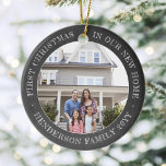 2 House Photos First Xmas New Home Faux Chalkboard Ceramic Tree Decoration<br><div class="desc">Celebrate the joy of your new place with a custom two photo "First Christmas in our New Home" faux chalkboard round ceramic ornament. All text and pictures on this template are simple to personalize, and can be different or the same on front and back. (IMAGE & TEXT DESIGN TIPS: 1)...</div>