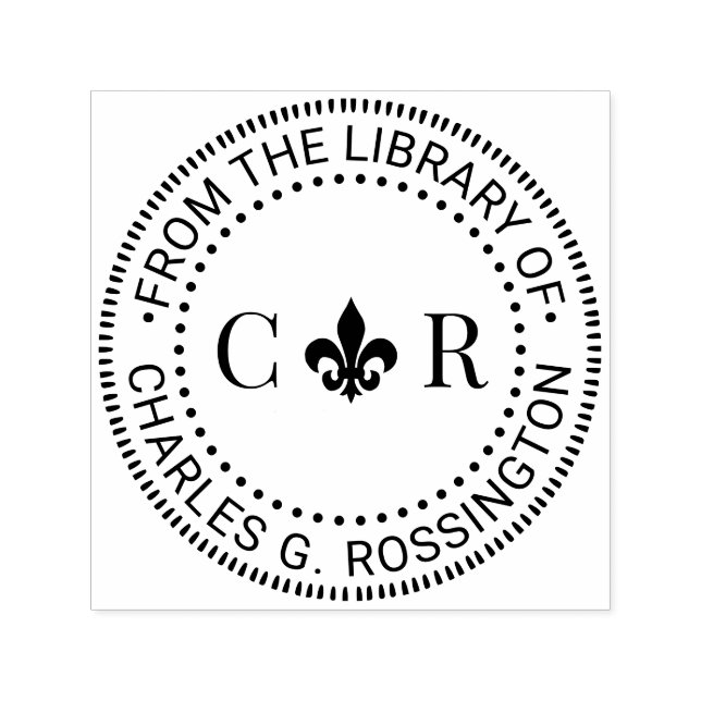 2 Initial Monogram Fleur de Lis Library Book Name  Self-inking Stamp (Design)