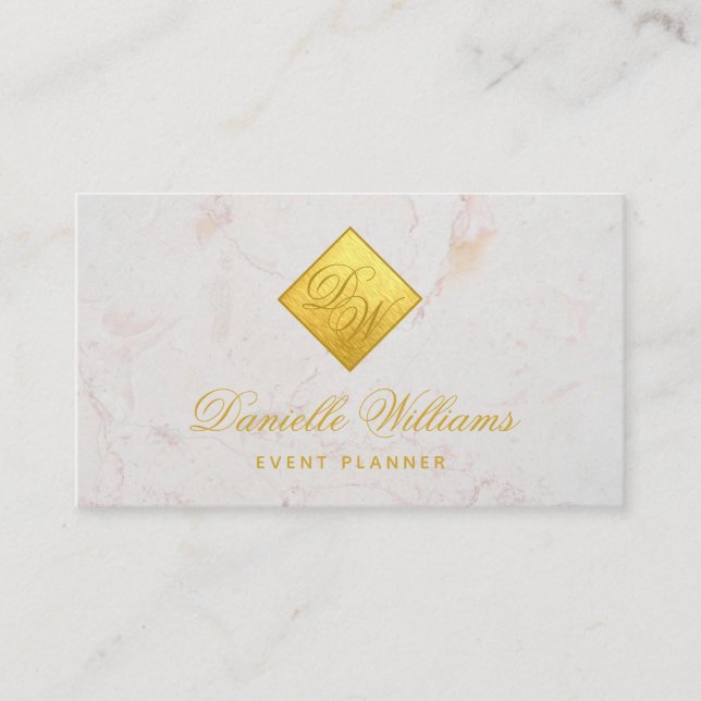 2 Initials Monogram Faux Gold Foil White Marble Business Card (Front)