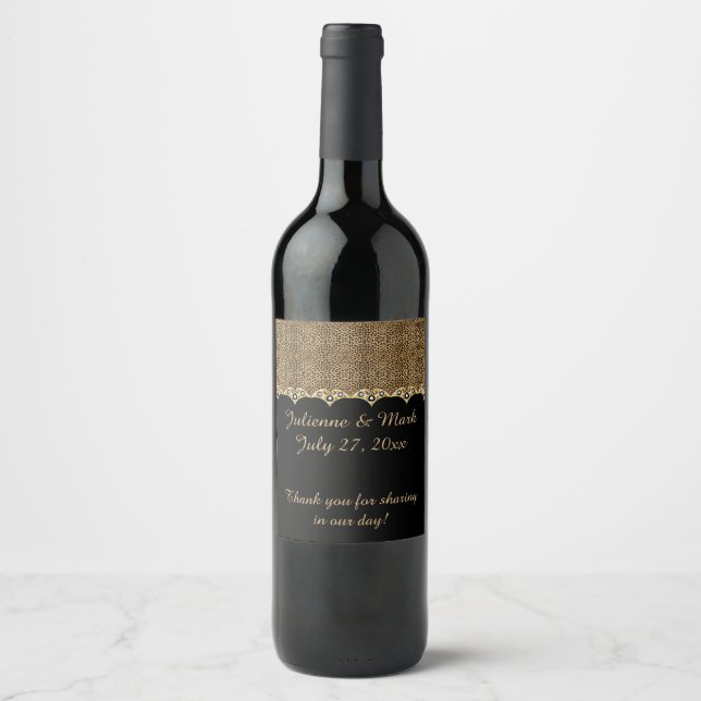 #2 Leopard Print Gold Diamonds Bling Weddings Wine Label (Front)