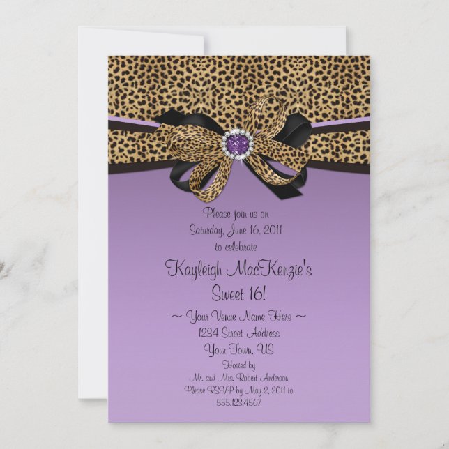 #2 Leopard Print Purple Jewels Diamonds Sweet 16 Invitation (Front)