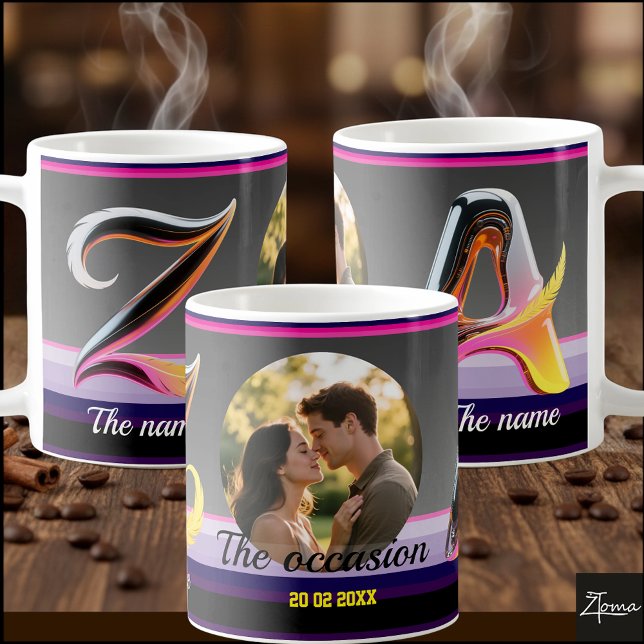 2 letters, 2 names, an occasion, a picture & Date Coffee Mug (EDIT to change the occasion, names, date, & picture & also choose from 26 decorative characters.)