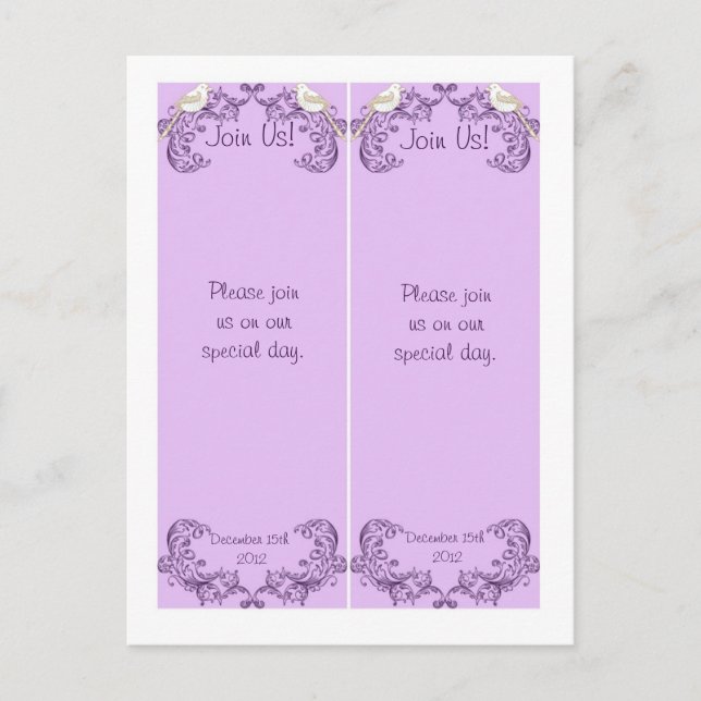 2 Love Birds Purple/Lavender Wedding Bookmarks Postcard (Front)
