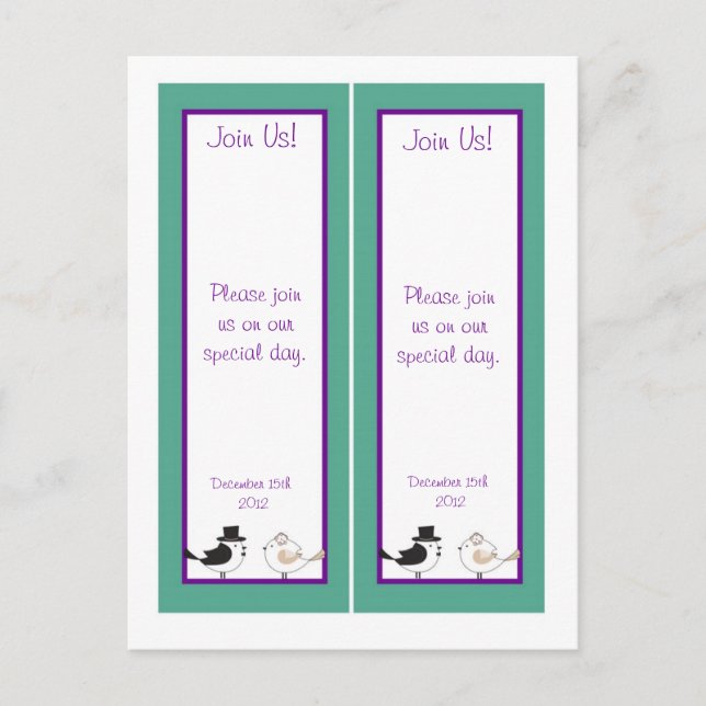 2 Love Birds Teal/Purple Wedding Bookmarks Postcard (Front)