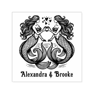 2 Mermaids Making Heart Sign Wedding Couple Names Self-inking Stamp