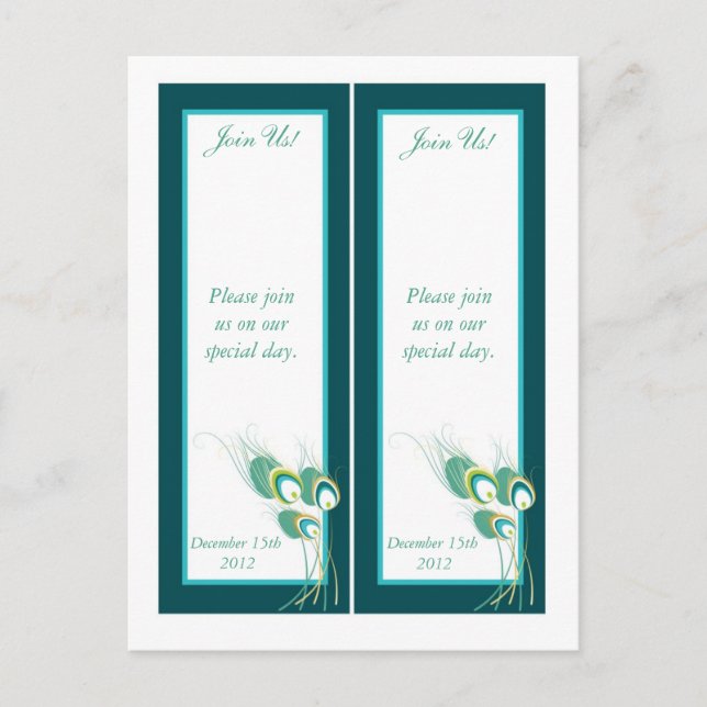 2 Modern Teal Peacock Save the Date Bookmarks Postcard (Front)