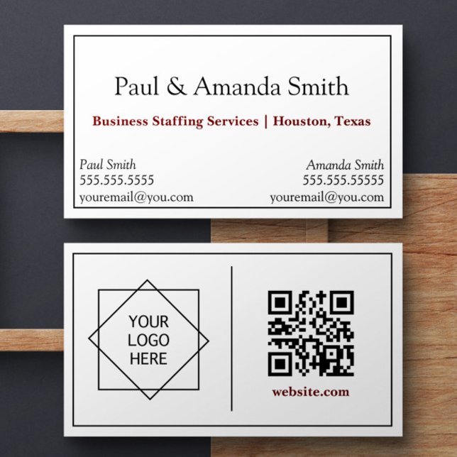 2 Names with black border, QR code, and logo Business Card (Business card with spot for two names, company logo, and QR code. Simple black frame & two contacts)