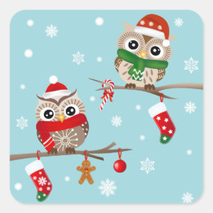 2 Owls on Christmas Branches Stickers