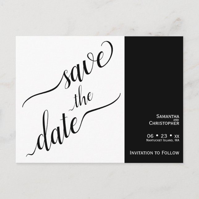 2 Pane Minimal White & Black Wedding Save the Date Postcard (Front)
