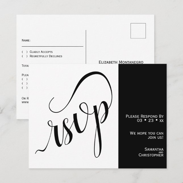 2 Pane Minimalist Black & White Wedding RSVP Postcard (Front/Back)