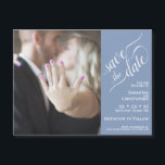 2 Pane Photo Wedding Save the Date Blue Magnet<br><div class="desc">These magnetic cards are the perfect way to let your friends and family know to save the date for your upcoming wedding. Features a unique 2 pane design with your photo on the left and a dusty blue or periwinkle coloured bar along the right with elegant script calligraphy reading "save...</div>