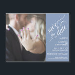 2 Pane Photo Wedding Save the Date Blue Magnet<br><div class="desc">These magnetic cards are the perfect way to let your friends and family know to save the date for your upcoming wedding. Features a unique 2 pane design with your photo on the left and a dusty blue or periwinkle coloured bar along the right with elegant script calligraphy reading "save...</div>