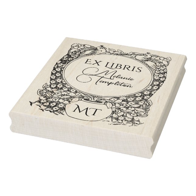 2 Peacocks Surrounding Potted Plant Ex Libris Name Rubber Stamp (Stamp)
