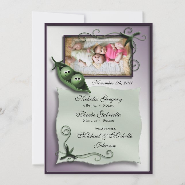 2 Peas in a Pod Twins Birth Announcements (Front)