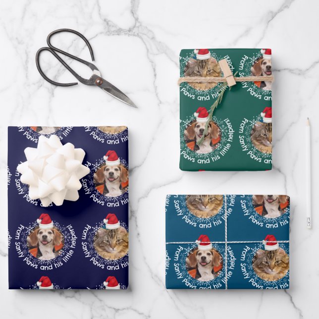 2 Pet Photo Santy Paws Little Helpers Santa Hat Wrapping Paper Sheet (Front)