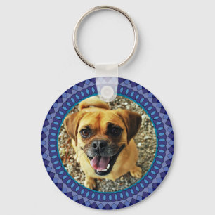 2 Pet Photos Blue Pattern Keychain