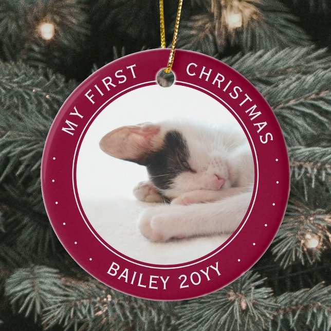 2 Pet Photos My 1st Christmas Cranberry Red White Ceramic Tree Decoration (Creator Uploaded)