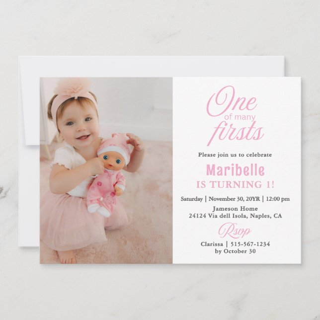2 Photo 1st Birthday Girl Cute One of many Firsts Invitation (Front)